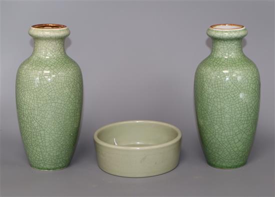 A pair of Chinese celadon crackle glaze vases and a celadon glazed censer Vases 22cm high